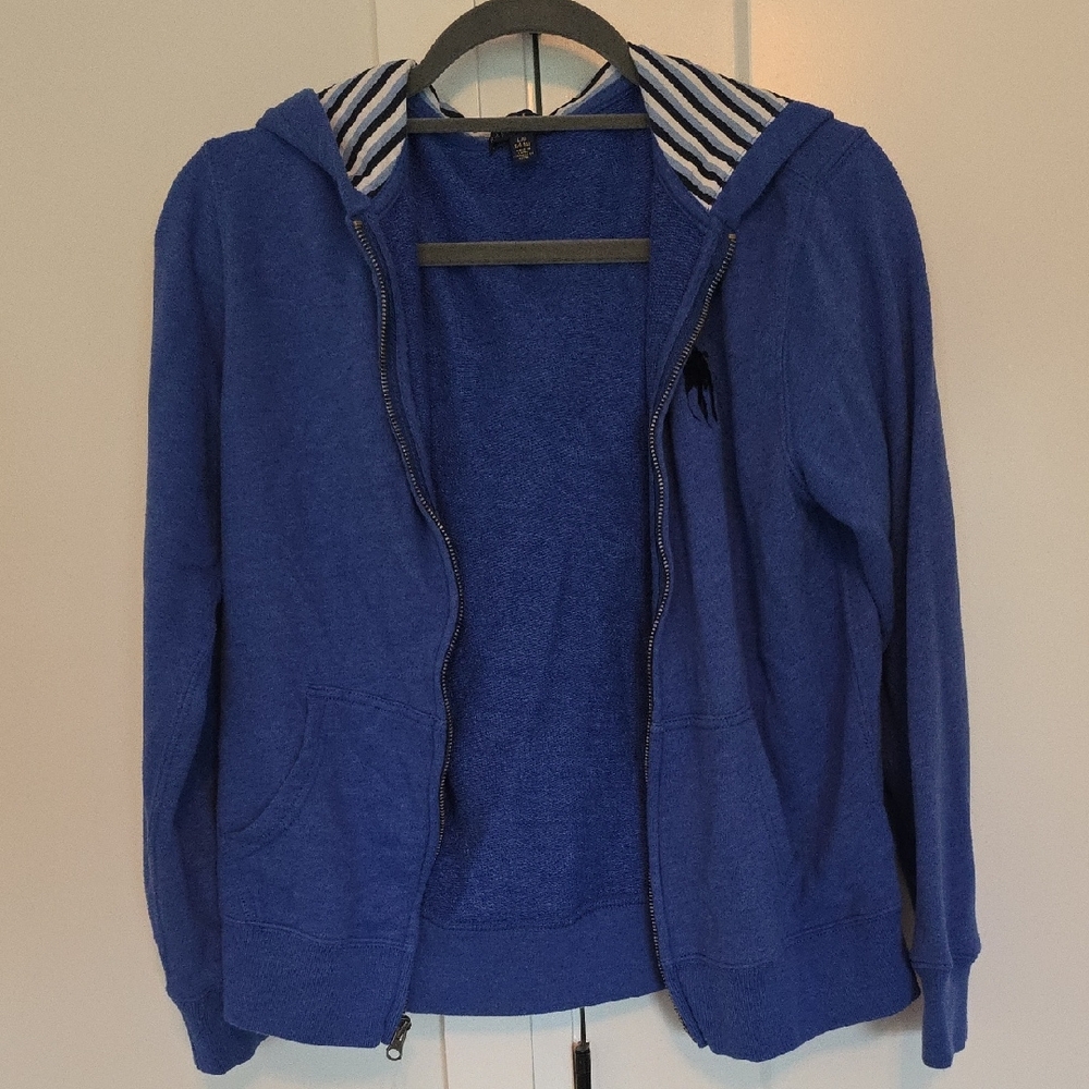 Blue Zip-Up Hoodie with Striped Hood